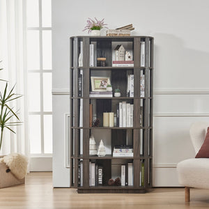 English Elm Wooden Oval Grid Bookcase 5-tier Freestanding Sculptural Shelving Unit for Home Office Dark Brown W2899P479691