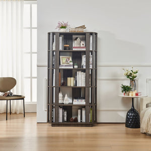 English Elm Wooden Oval Grid Bookcase 5-tier Freestanding Sculptural Shelving Unit for Home Office Dark Brown W2899P479691