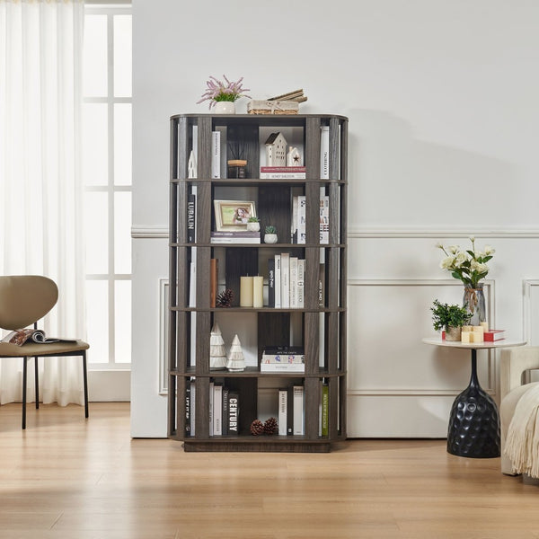 English Elm Wooden Oval Grid Bookcase 5-tier Freestanding Sculptural Shelving Unit for Home Office Dark Brown W2899P479691