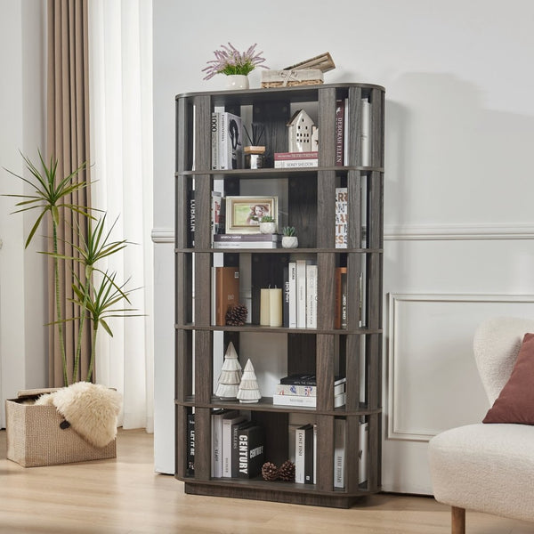 English Elm Wooden Oval Grid Bookcase 5-tier Freestanding Sculptural Shelving Unit for Home Office Dark Brown W2899P479691