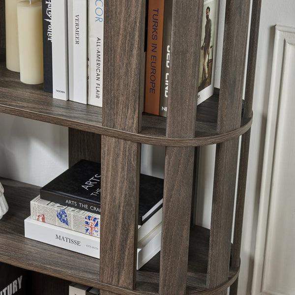 English Elm Wooden Oval Grid Bookcase 5-tier Freestanding Sculptural Shelving Unit for Home Office Dark Brown W2899P479691