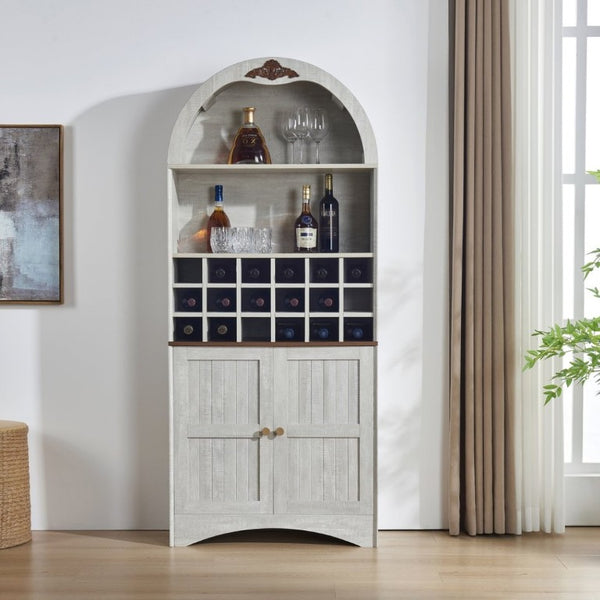 English Elm Arched Freestanding Wine Cabinet Vintage Carved Crown Adjustable Shelves Dining Room Light Oak, White Washed W2899P499437