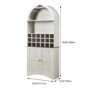 English Elm Arched Freestanding Wine Cabinet Vintage Carved Crown Adjustable Shelves Dining Room Light Oak, White Washed W2899P499437