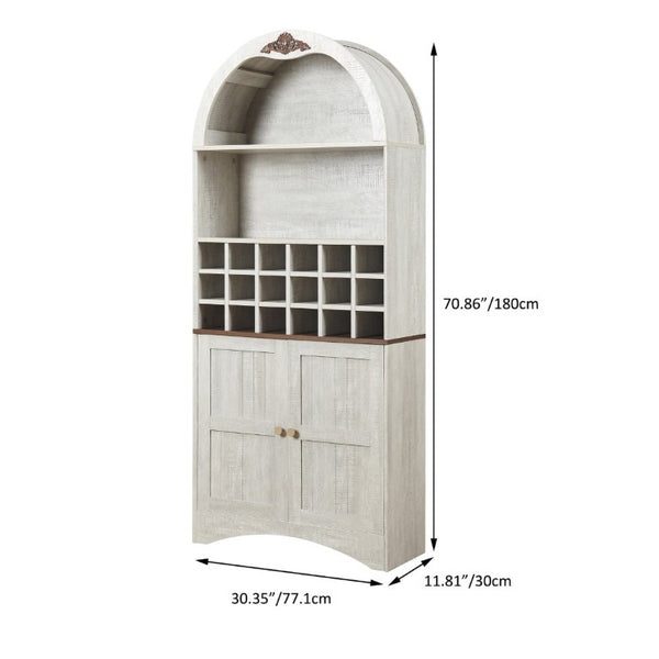 English Elm Arched Freestanding Wine Cabinet Vintage Carved Crown Adjustable Shelves Dining Room Light Oak, White Washed W2899P499437