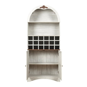 English Elm Arched Freestanding Wine Cabinet Vintage Carved Crown Adjustable Shelves Dining Room Light Oak, White Washed W2899P499437