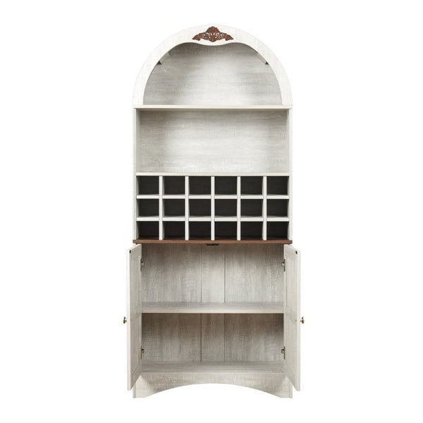 English Elm Arched Freestanding Wine Cabinet Vintage Carved Crown Adjustable Shelves Dining Room Light Oak, White Washed W2899P499437