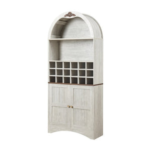 English Elm Arched Freestanding Wine Cabinet Vintage Carved Crown Adjustable Shelves Dining Room Light Oak, White Washed W2899P499437