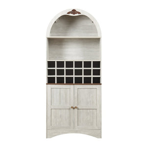 English Elm Arched Freestanding Wine Cabinet Vintage Carved Crown Adjustable Shelves Dining Room Light Oak, White Washed W2899P499437