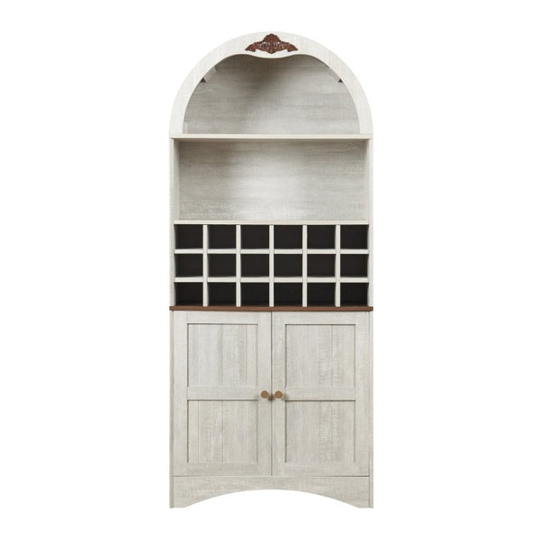 English Elm Arched Freestanding Wine Cabinet Vintage Carved Crown Adjustable Shelves Dining Room Light Oak, White Washed W2899P499437