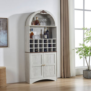 English Elm Arched Freestanding Wine Cabinet Vintage Carved Crown Adjustable Shelves Dining Room Light Oak, White Washed W2899P499437
