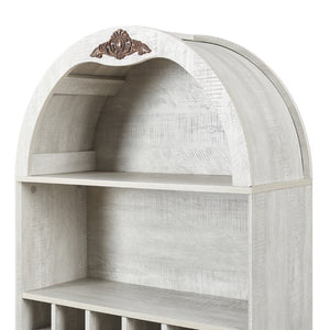 English Elm Arched Freestanding Wine Cabinet Vintage Carved Crown Adjustable Shelves Dining Room Light Oak, White Washed W2899P499437