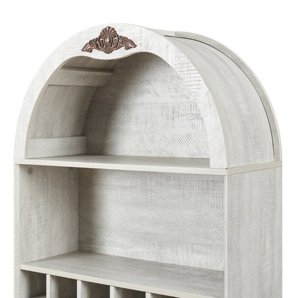 English Elm Arched Freestanding Wine Cabinet Vintage Carved Crown Adjustable Shelves Dining Room Light Oak, White Washed W2899P499437