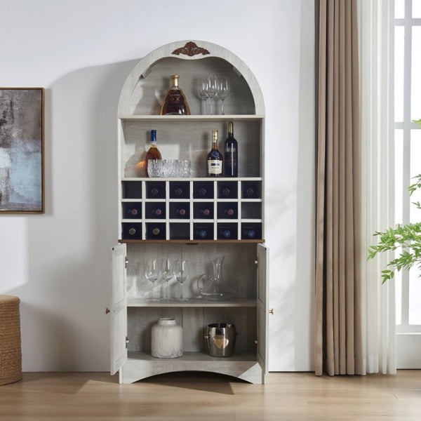 English Elm Arched Freestanding Wine Cabinet Vintage Carved Crown Adjustable Shelves Dining Room Light Oak, White Washed W2899P499437