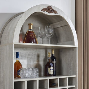 English Elm Arched Freestanding Wine Cabinet Vintage Carved Crown Adjustable Shelves Dining Room Light Oak, White Washed W2899P499437