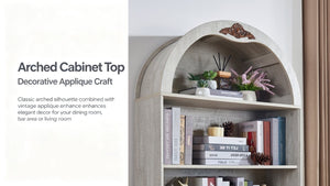 English Elm Arched Freestanding Wine Cabinet Vintage Carved Crown Adjustable Shelves Dining Room Light Oak, White Washed W2899P499437