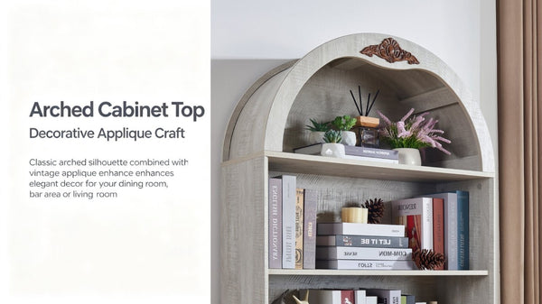 English Elm Arched Freestanding Wine Cabinet Vintage Carved Crown Adjustable Shelves Dining Room Light Oak, White Washed W2899P499437
