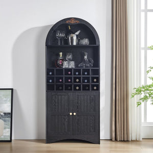 English Elm Arched Freestanding Wine Cabinet Vintage Carved Crown Adjustable Shelves Dining Room Black W2899P499439