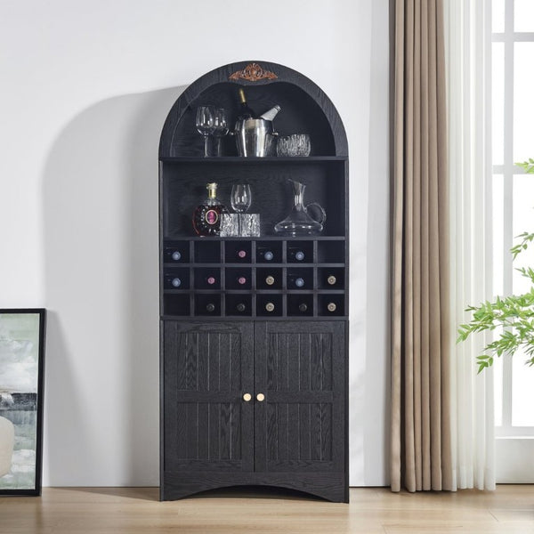 English Elm Arched Freestanding Wine Cabinet Vintage Carved Crown Adjustable Shelves Dining Room Black W2899P499439