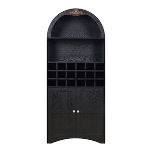 English Elm Arched Freestanding Wine Cabinet Vintage Carved Crown Adjustable Shelves Dining Room Black W2899P499439