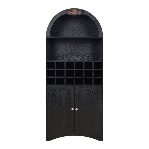 English Elm Arched Freestanding Wine Cabinet Vintage Carved Crown Adjustable Shelves Dining Room Black W2899P499439