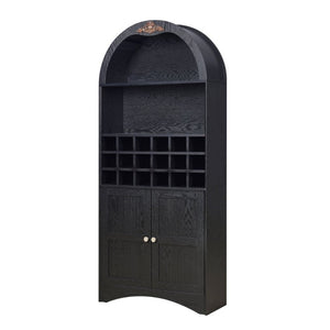 English Elm Arched Freestanding Wine Cabinet Vintage Carved Crown Adjustable Shelves Dining Room Black W2899P499439