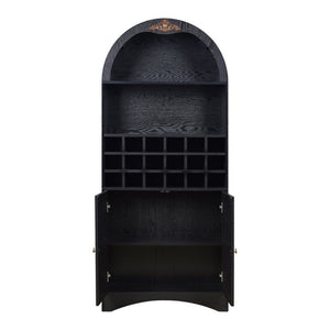 English Elm Arched Freestanding Wine Cabinet Vintage Carved Crown Adjustable Shelves Dining Room Black W2899P499439