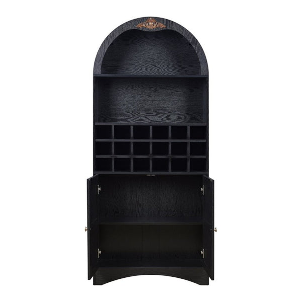 English Elm Arched Freestanding Wine Cabinet Vintage Carved Crown Adjustable Shelves Dining Room Black W2899P499439