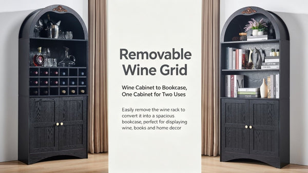 English Elm Arched Freestanding Wine Cabinet Vintage Carved Crown Adjustable Shelves Dining Room Black W2899P499439