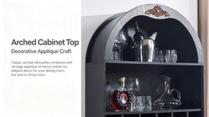 English Elm Arched Freestanding Wine Cabinet Vintage Carved Crown Adjustable Shelves Dining Room Black W2899P499439