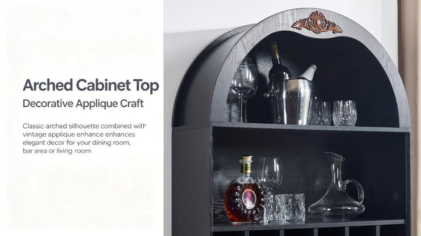 English Elm Arched Freestanding Wine Cabinet Vintage Carved Crown Adjustable Shelves Dining Room Black W2899P499439
