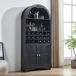 English Elm Arched Freestanding Wine Cabinet Vintage Carved Crown Adjustable Shelves Dining Room Black W2899P499439