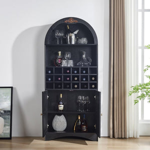 English Elm Arched Freestanding Wine Cabinet Vintage Carved Crown Adjustable Shelves Dining Room Black W2899P499439