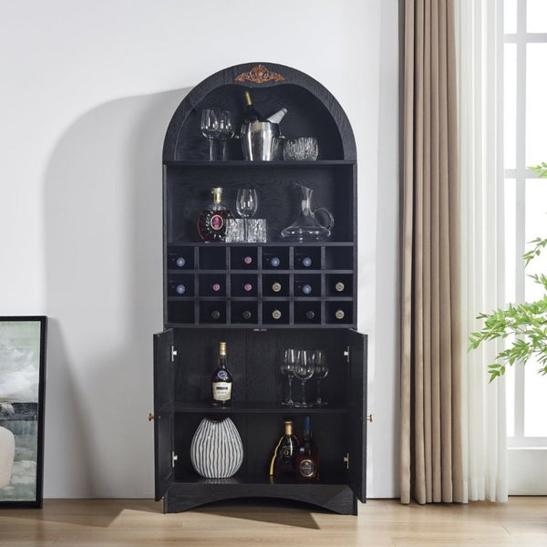 English Elm Arched Freestanding Wine Cabinet Vintage Carved Crown Adjustable Shelves Dining Room Black W2899P499439