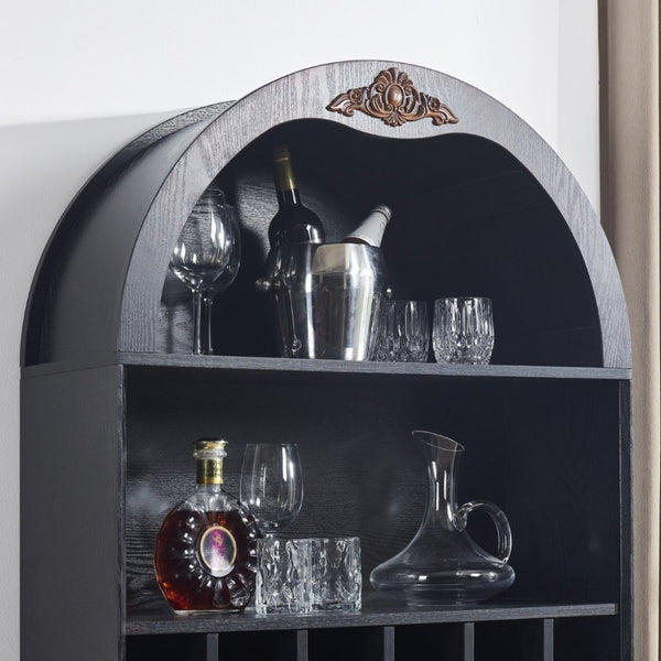 English Elm Arched Freestanding Wine Cabinet Vintage Carved Crown Adjustable Shelves Dining Room Black W2899P499439