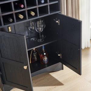 English Elm Arched Freestanding Wine Cabinet Vintage Carved Crown Adjustable Shelves Dining Room Black W2899P499439