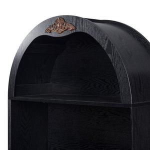 English Elm Arched Freestanding Wine Cabinet Vintage Carved Crown Adjustable Shelves Dining Room Black W2899P499439