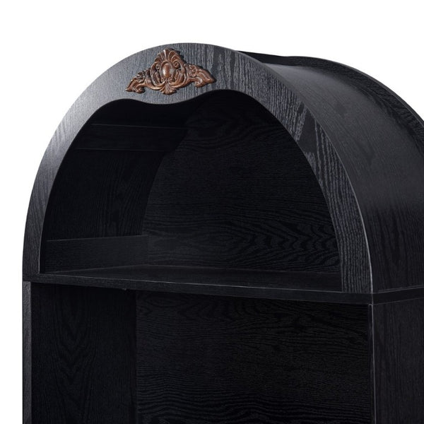 English Elm Arched Freestanding Wine Cabinet Vintage Carved Crown Adjustable Shelves Dining Room Black W2899P499439