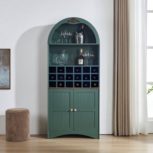 English Elm Arched Freestanding Wine Cabinet Vintage Carved Crown Adjustable Shelves Dining Room Green W2899P499440