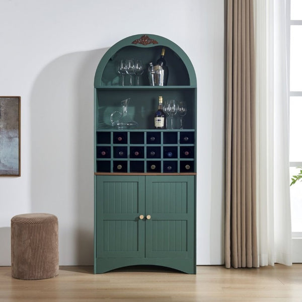 English Elm Arched Freestanding Wine Cabinet Vintage Carved Crown Adjustable Shelves Dining Room Green W2899P499440