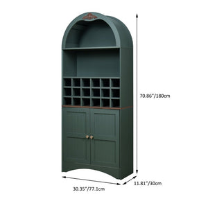 English Elm Arched Freestanding Wine Cabinet Vintage Carved Crown Adjustable Shelves Dining Room Green W2899P499440