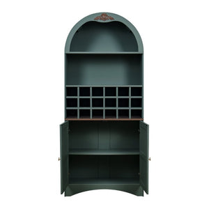English Elm Arched Freestanding Wine Cabinet Vintage Carved Crown Adjustable Shelves Dining Room Green W2899P499440