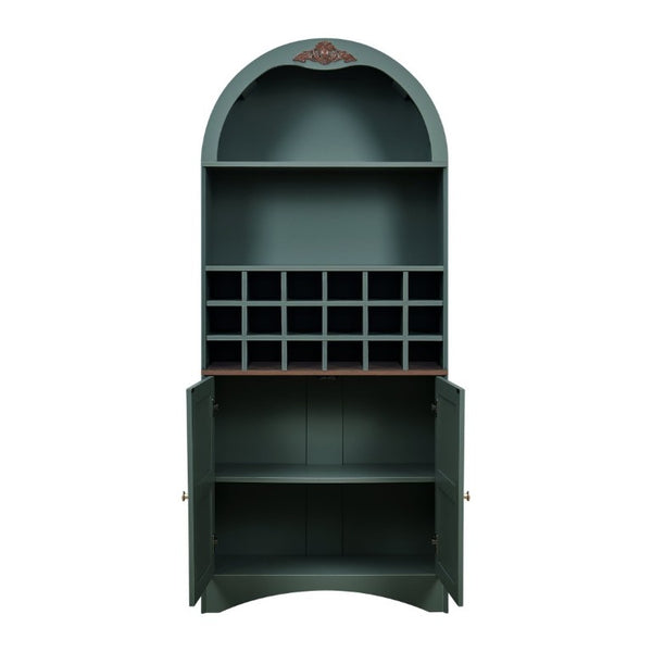 English Elm Arched Freestanding Wine Cabinet Vintage Carved Crown Adjustable Shelves Dining Room Green W2899P499440