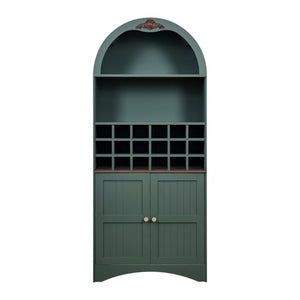 English Elm Arched Freestanding Wine Cabinet Vintage Carved Crown Adjustable Shelves Dining Room Green W2899P499440