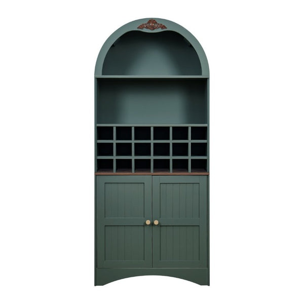 English Elm Arched Freestanding Wine Cabinet Vintage Carved Crown Adjustable Shelves Dining Room Green W2899P499440
