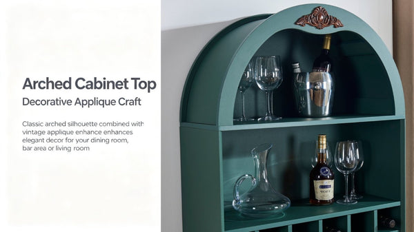 English Elm Arched Freestanding Wine Cabinet Vintage Carved Crown Adjustable Shelves Dining Room Green W2899P499440