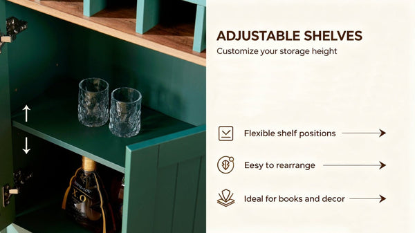 English Elm Arched Freestanding Wine Cabinet Vintage Carved Crown Adjustable Shelves Dining Room Green W2899P499440