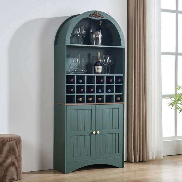 English Elm Arched Freestanding Wine Cabinet Vintage Carved Crown Adjustable Shelves Dining Room Green W2899P499440