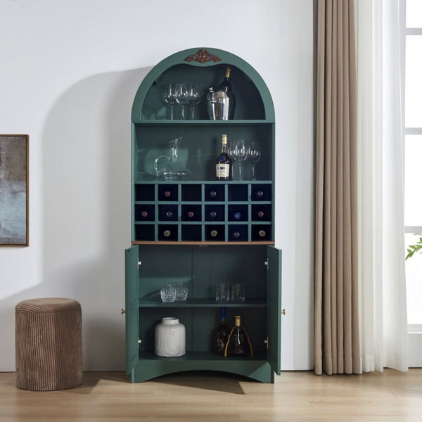 English Elm Arched Freestanding Wine Cabinet Vintage Carved Crown Adjustable Shelves Dining Room Green W2899P499440