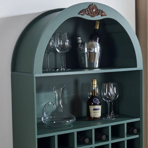 English Elm Arched Freestanding Wine Cabinet Vintage Carved Crown Adjustable Shelves Dining Room Green W2899P499440