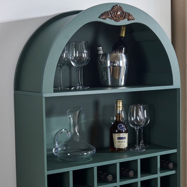 English Elm Arched Freestanding Wine Cabinet Vintage Carved Crown Adjustable Shelves Dining Room Green W2899P499440